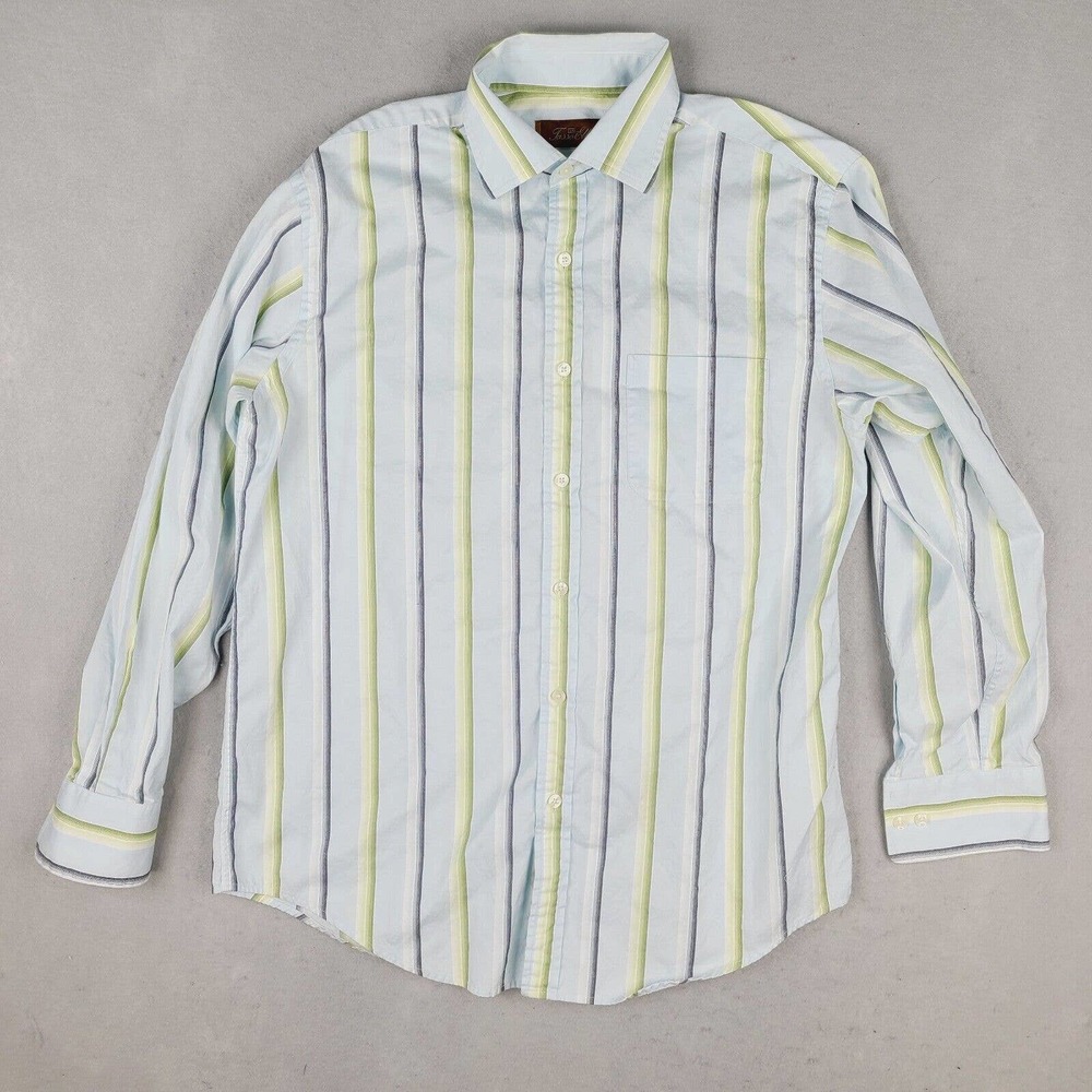Tasso Elba Shirt‎ Men's Medium Blue Green Striped Long Sleeve Button Down